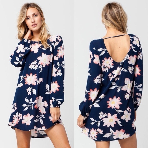BILLABONG‎ Blue Floral Dress Heart Strayed Back Strap Long Sleeves A-Line Small - Picture 2 of 11